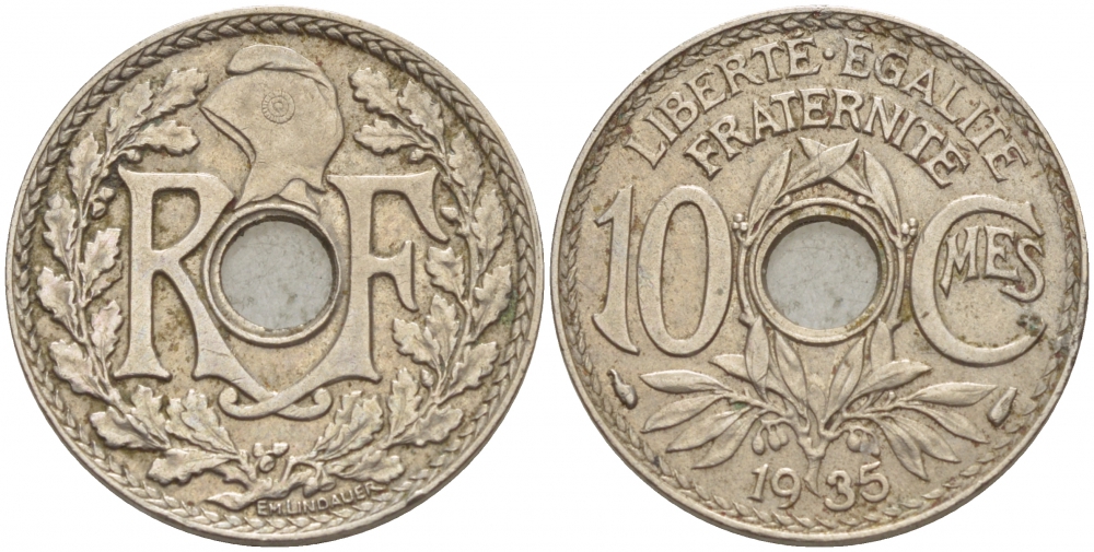 ФРАНЦИЯ 10 САНТИМОВ 1935 ТИП ЛИНДАЙЁ KM 866а, LE FRANC 138.22 медно-никель 4548-447