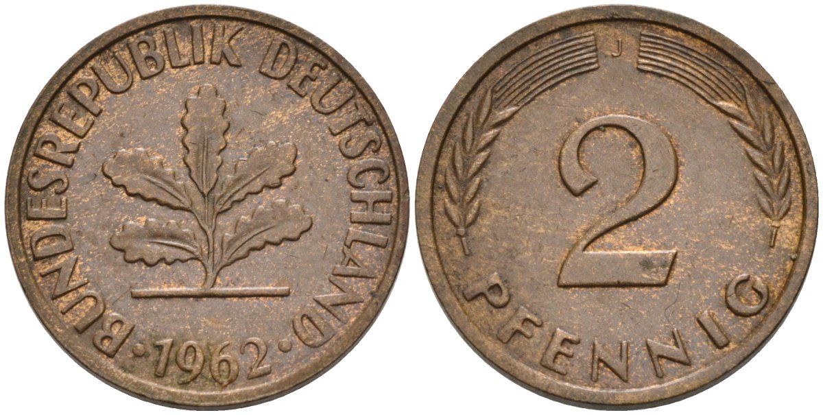 ФРГ 2 пфеннига 1962 J KM 106, J.381 бронза 4575-144