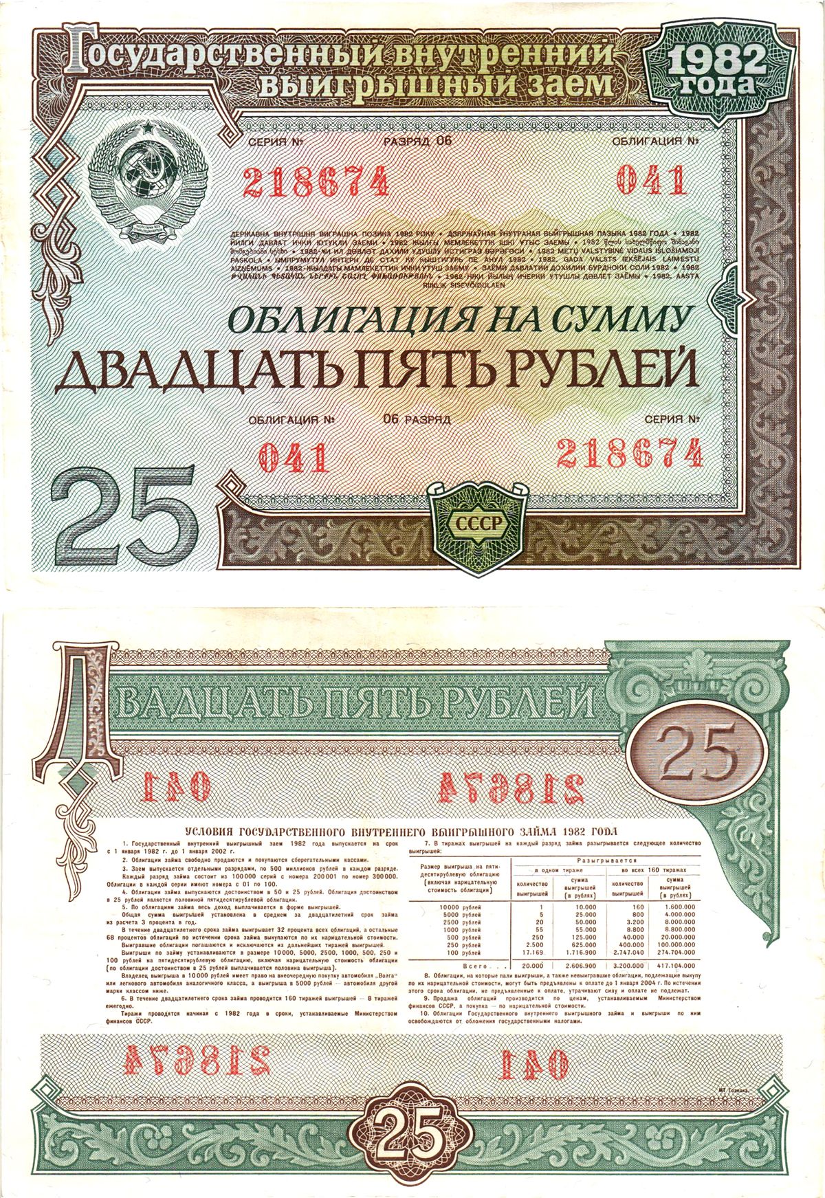 СССР облигация в 25 рублей 1982 государственный внутренний выигрышный заем, разряд 06   бумага   8609-50-1-2