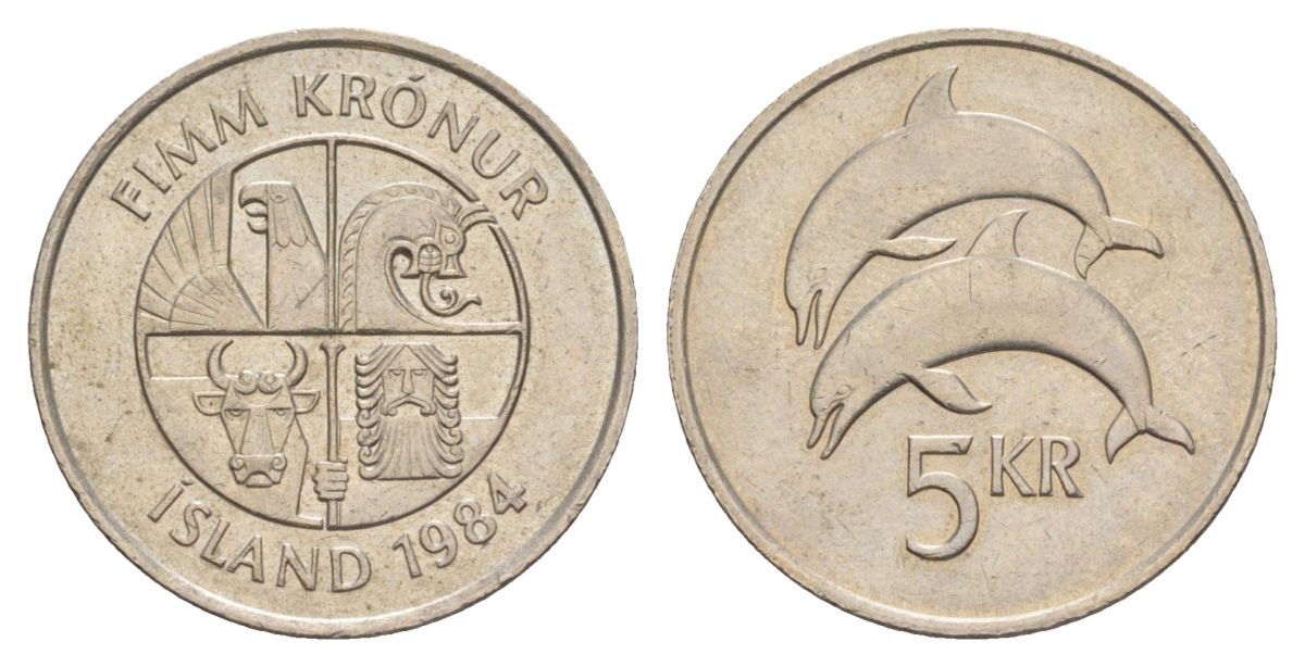 Исландия 5 крон 1984 дельфины KM 28 медно-никель aUNC 4635-126