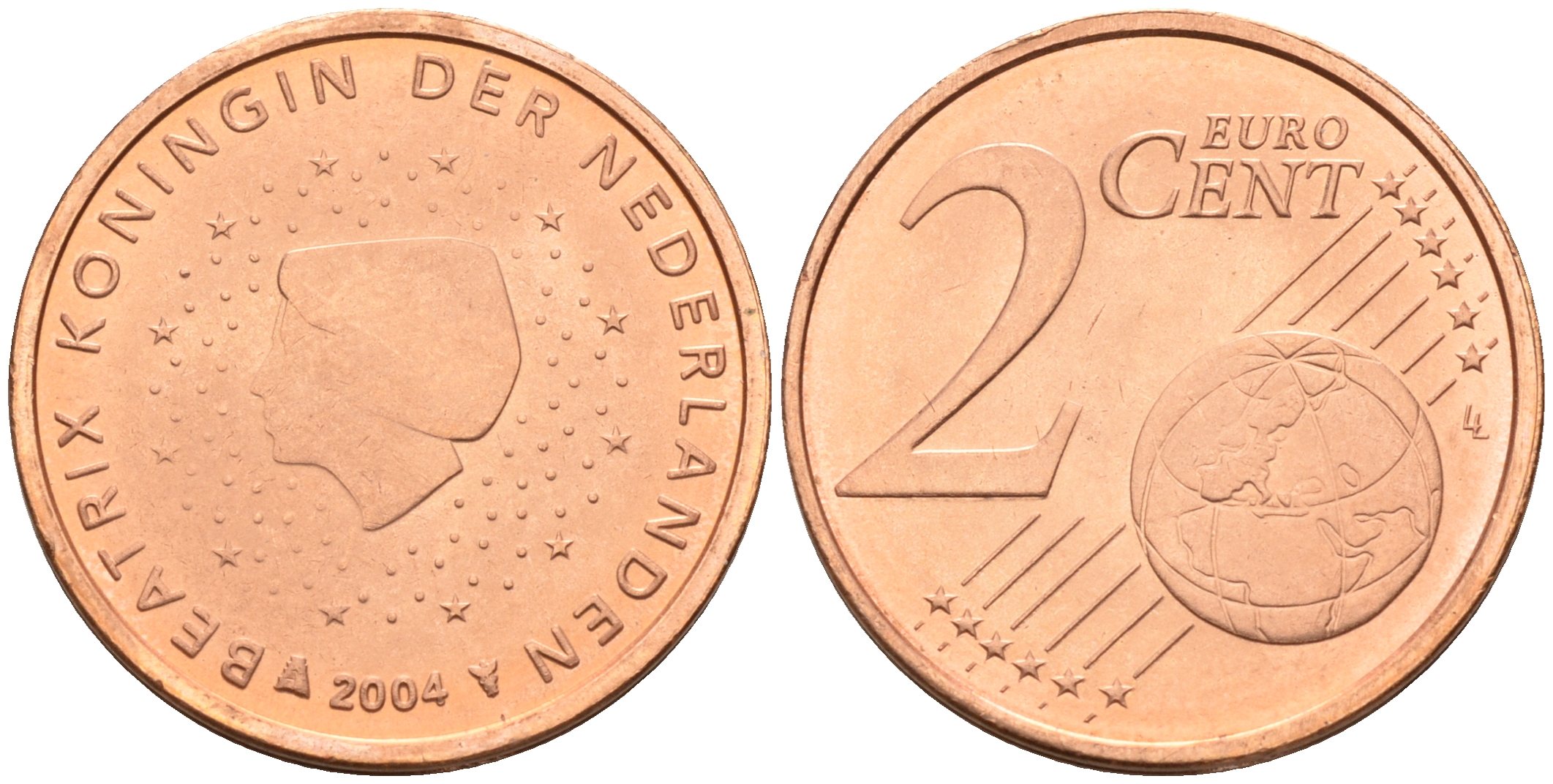 Нидерланды 2 евроцента 2004  КМ 235 сталь плакированная медью UNC   4160-1147