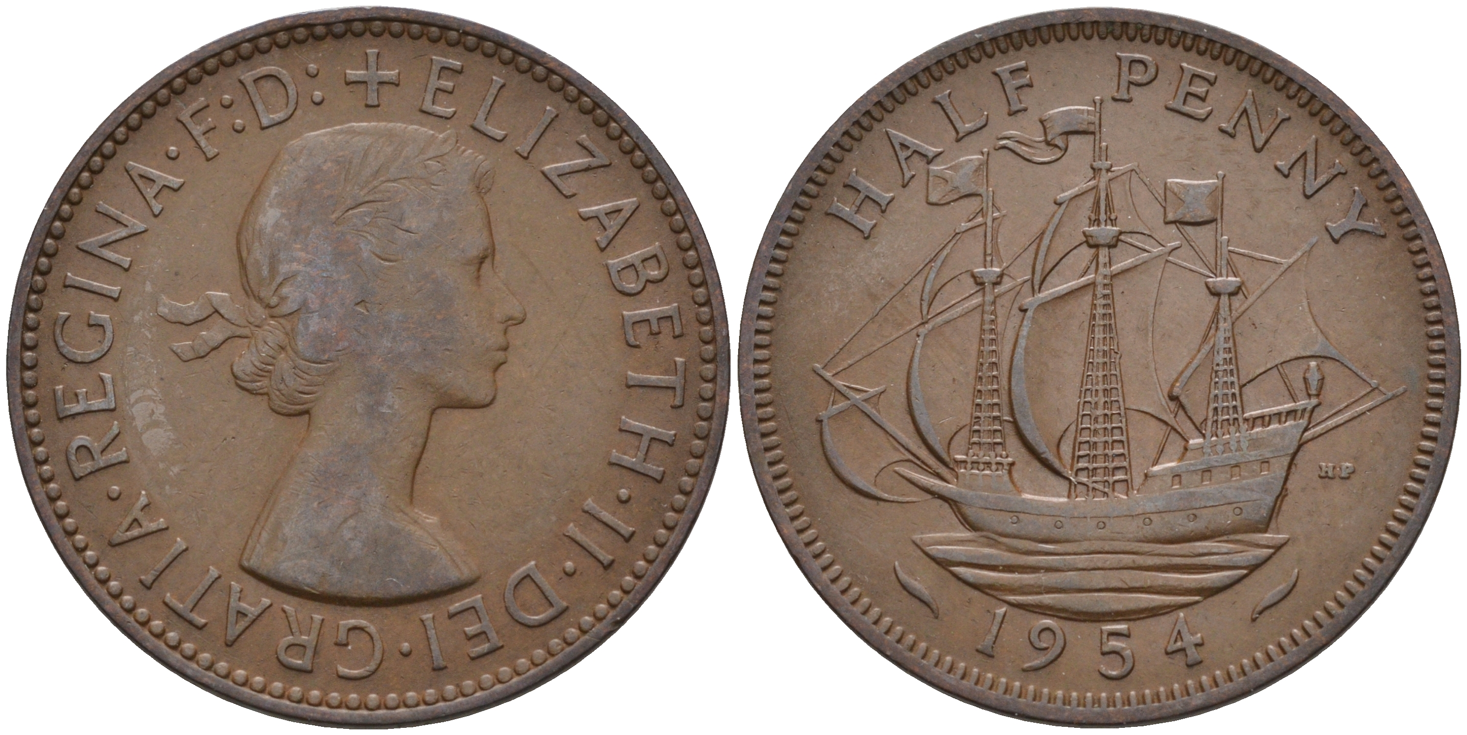 Великобритания 1/2 пенни 1954 Елизавета II (1952-2022) KM 896, Spink 4158 бронза 4592-345