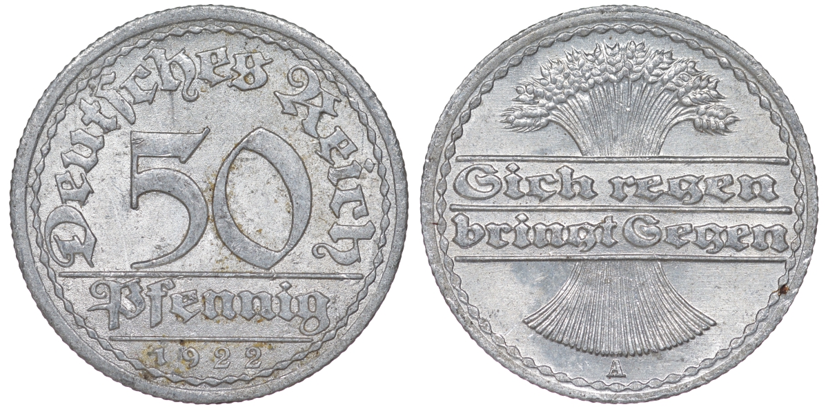 Германия 50 пфеннигов 1922 A KM 27, J. 301 алюминий aUNC 4114-1217