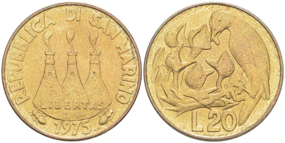 Сан-Марино 20 лир 1975 FAO, птица в гнезде KM 44 алюминиевая бронза UNC 4513-954