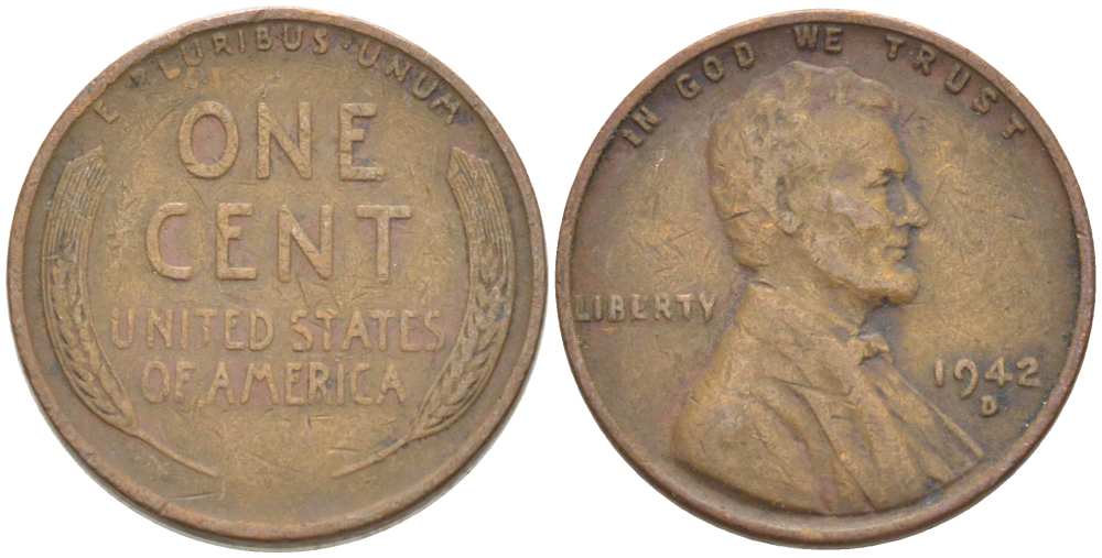 США 1 ЦЕНТ 1942 D, ЛИНКОЛЬН KM 132 бронза 218-141