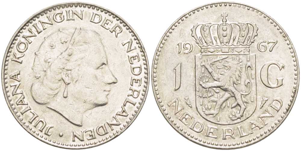 Нидерланды 1 гульден 1967 Юлиана (1948-1980) KM 184а никель 213-947