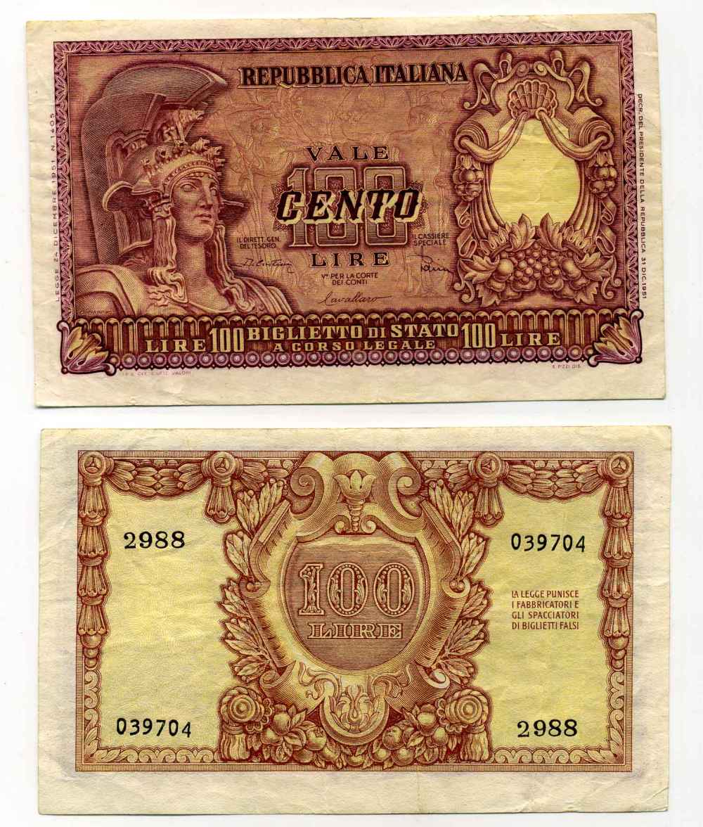 Италия 100 лир 1951 Афина в шлеме, Di Cristina, Cavallaro Pick 92 b бумага 8588-14-1-2