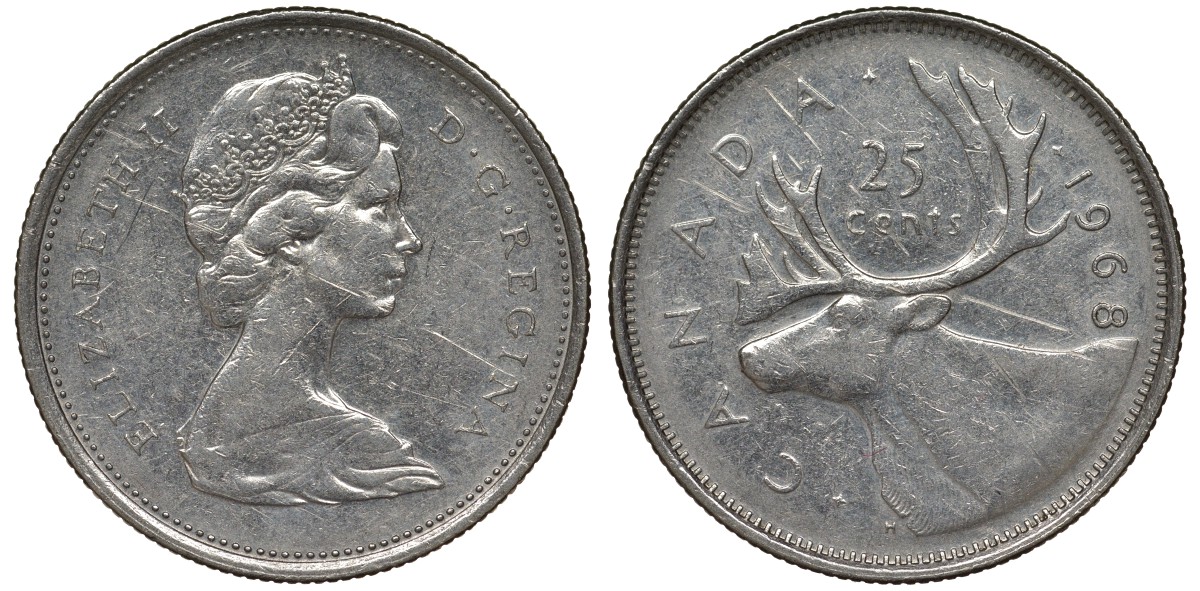 Канада 25 центов 1968 Елизавета II (1952-2022), олень KM 62 b никель 4128-637