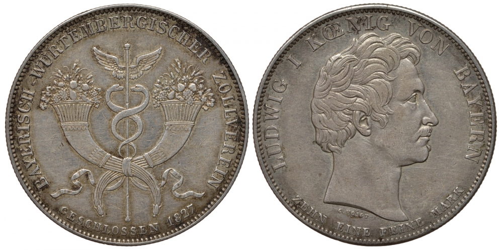 Бавария 1 талер 1827 Баварско-Вюртембергский таможенный союз AKS 116, Dav. 559, Kahnt 79, Thun 52 серебро 00-811-16
