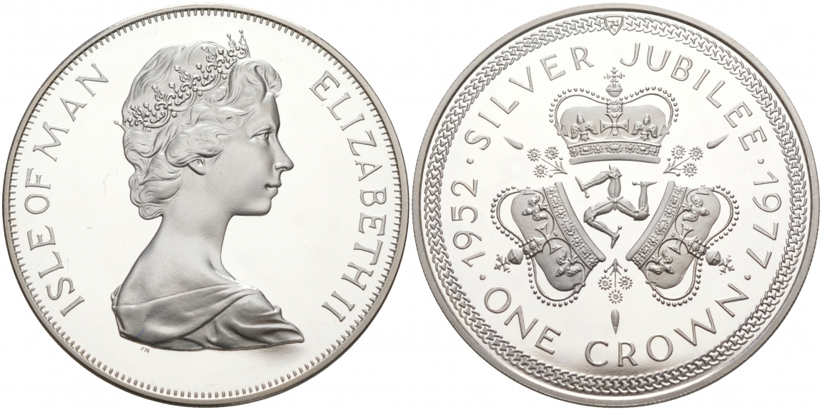 Остров Мэн 1 крона 1977 Серебряный юбилей правления королевы Елизаветы II, три короны KM 41a серебро PROOF 02-035-42