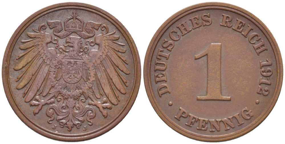 ГЕРМАНИЯ 1 ПФЕННИГ 1912 J KM 10, J. 10, Weege 2 медь 206-415