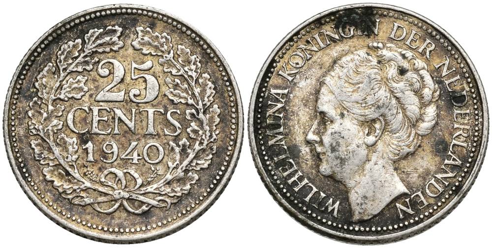 Нидерланды 25 центов 1940 Вильгельмина (1890-1948) KM 164 серебро 4549-1057