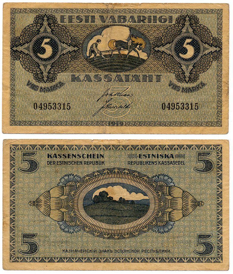Эстония 5 марок 1919 крестьянин на пашне Pick 45 a  бумага   451-577-1