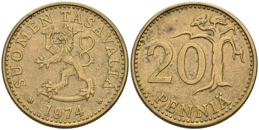 Финляндия 20 пенни 1974 S KM 47 KM 47 алюминиевая бронза 4563-321