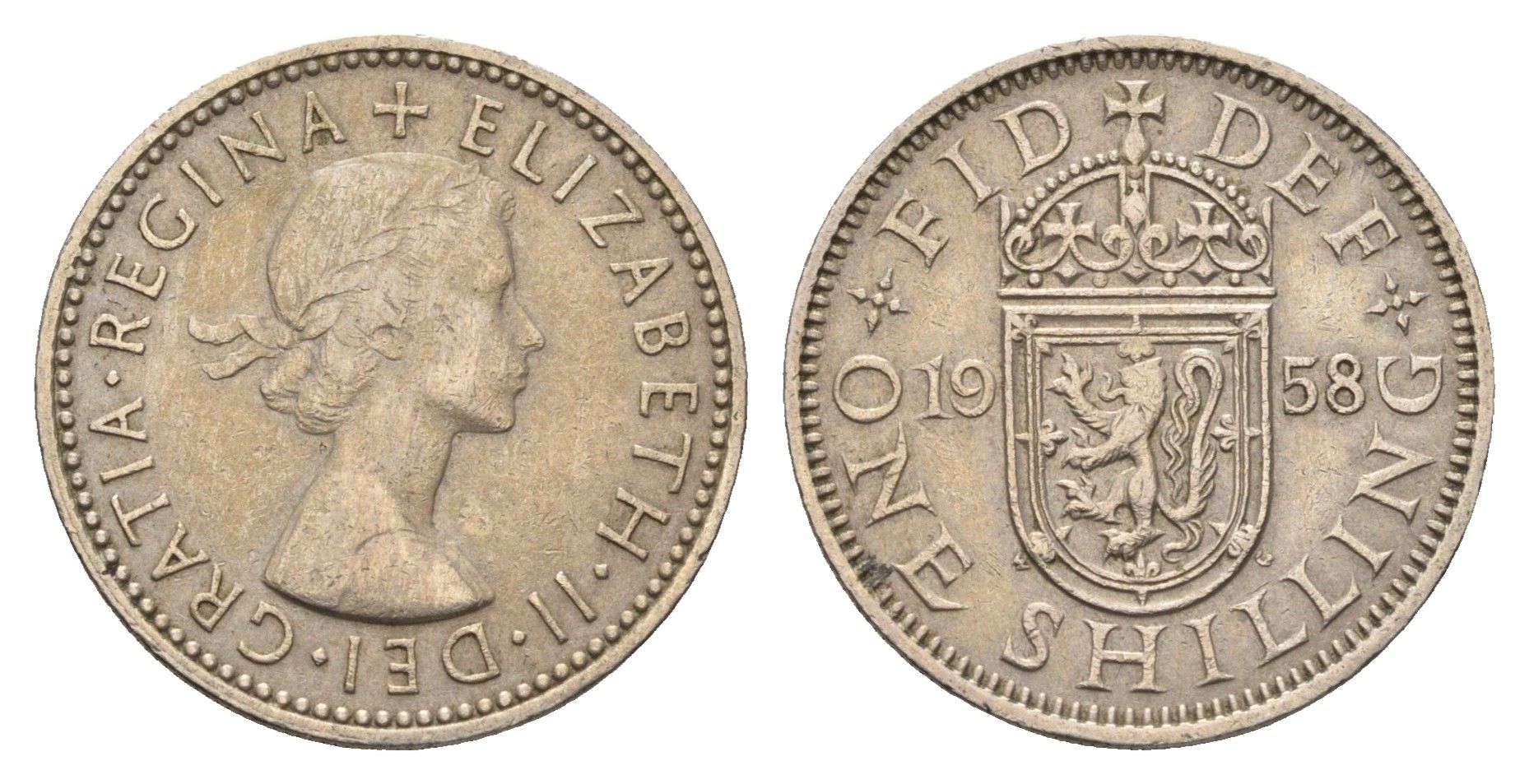 Великобритания 1 шиллинг 1958 Елизавета II (1952-2022), Шотландский герб KM 905, Spink 4148 медно-никель 4699-527