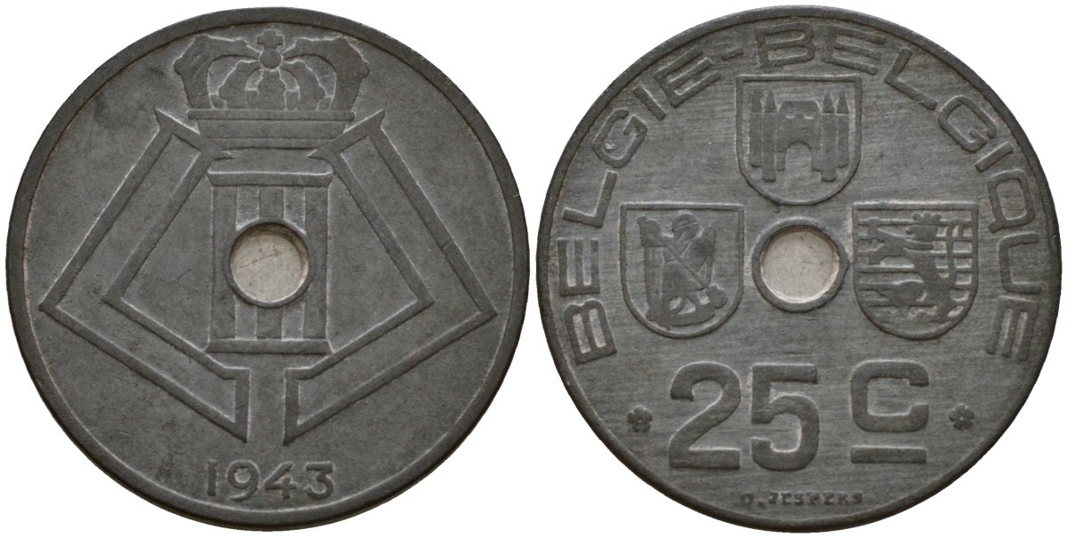 Бельгия 25 сантимов 1943 Belgie - Belgique KM 132 цинк 33-1224