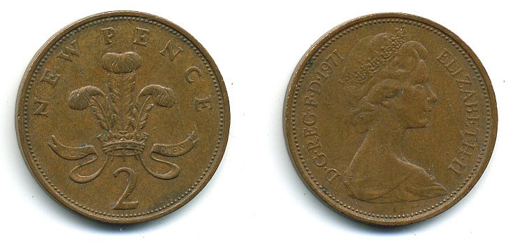 Великобритания 2 пенса 1971 Елизавета II (1952-2022) КМ 916, Spink 4235 (C1) бронза 4110-553
