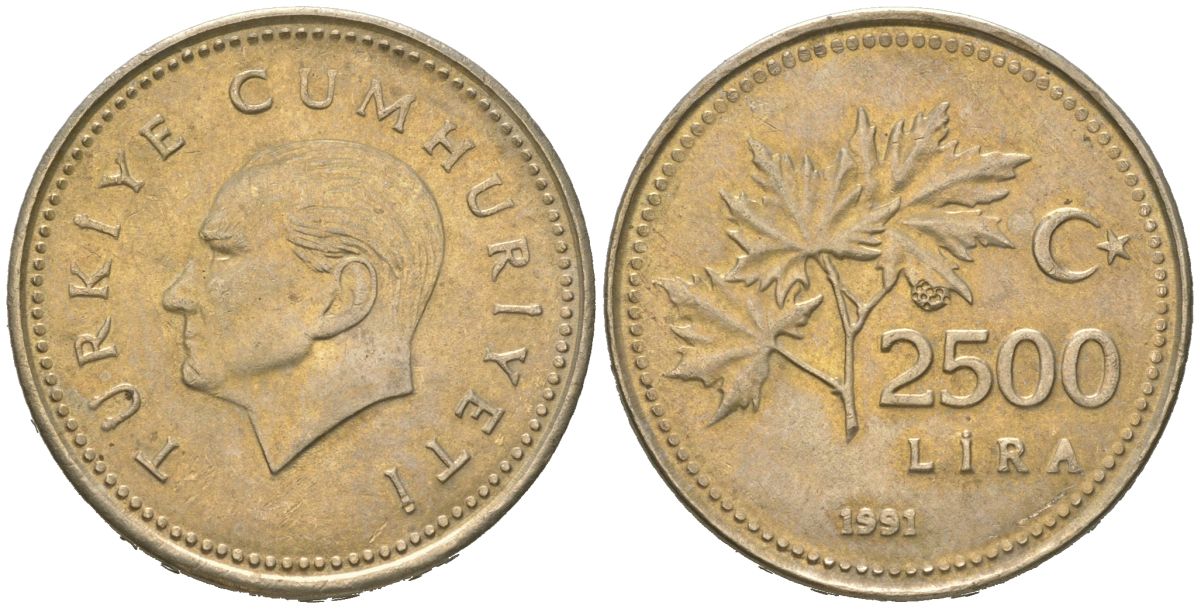 Турция 2500 лир 1991 Кемаль Ататюрк KM 1015 никель бронза 4619-754
