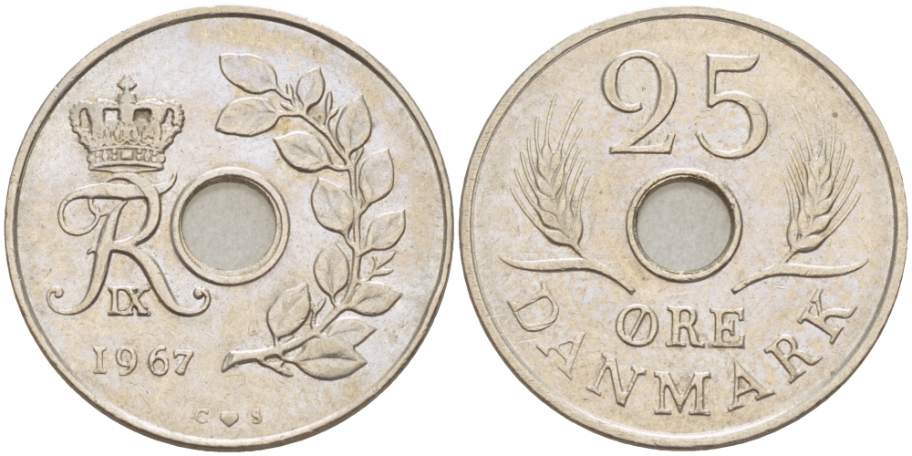 Дания 25 эре 1967 С; S, Фредерик IX (1947-1972) KM 855.1 медно-никель 4402-1243