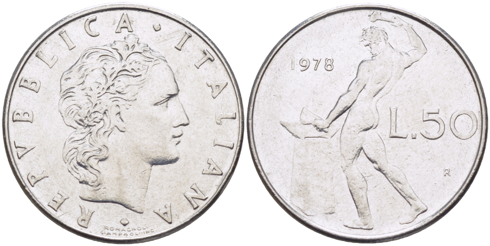 ИТАЛИЯ 50 ЛИР 1978 R, КУЗНЕЦ KM 95.1 нержавеющая сталь 89-1333