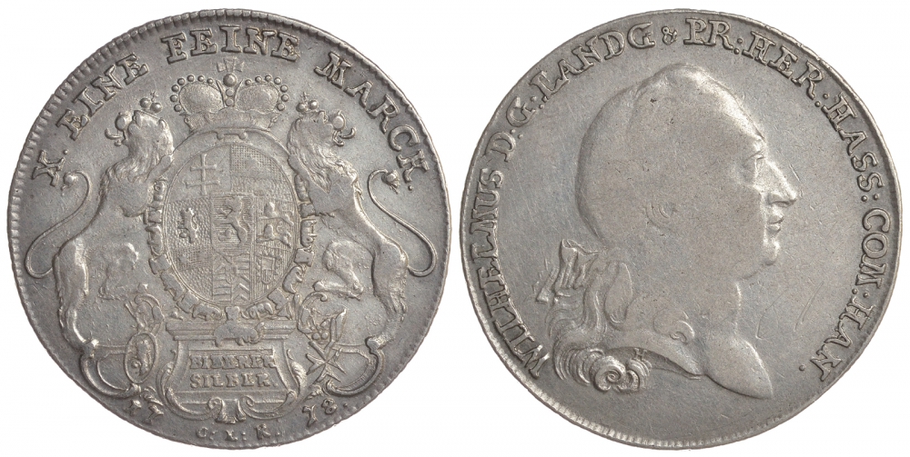 Ганау-Мюнценберг (Hanau-Münzenberg) 1 талер 1778 Вильгельм IX Dav. 2289 D, Museler 25/9 a, Schutz 2088 серебро 00-806-69