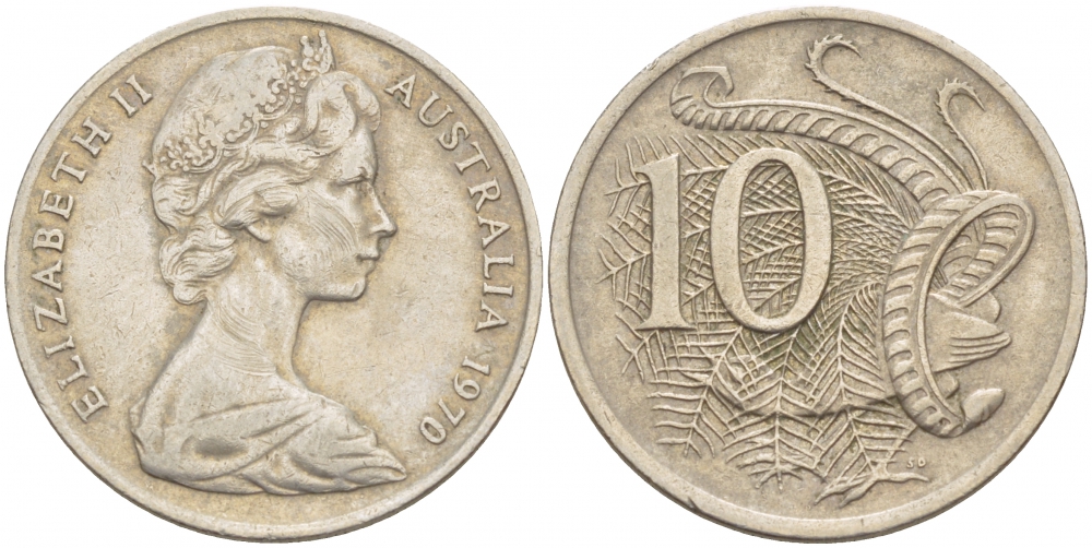 Австралия 10 центов 1970 Елизавета II (1952-), птица лирахвост KM 65 медно-никель 4539-1057