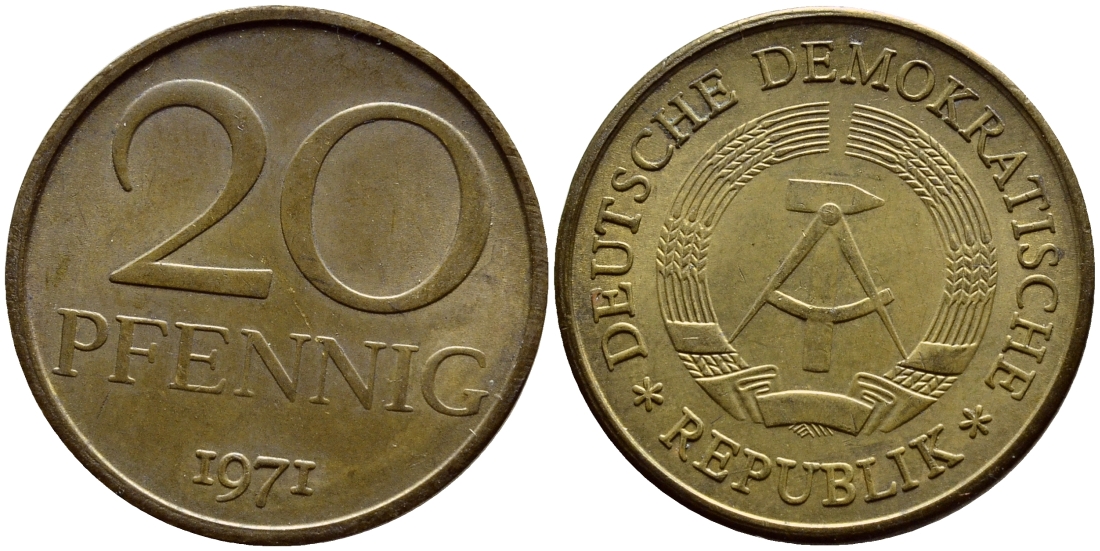 ГДР 20 пфеннигов 1971 А KM 11 латунь UNC 54-1453
