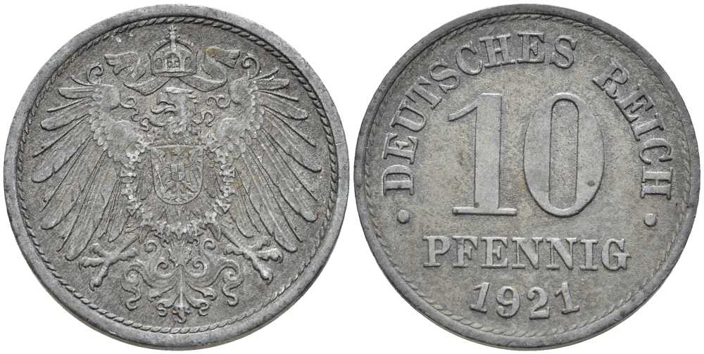 ГЕРМАНИЯ 10 ПФЕННИГОВ 1921 KM 26, J. 299 цинк 4401-151