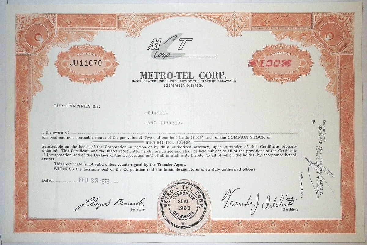 США, METRO-TEL CORP. 100 АКЦИЙ 1976 США бумага 00-00