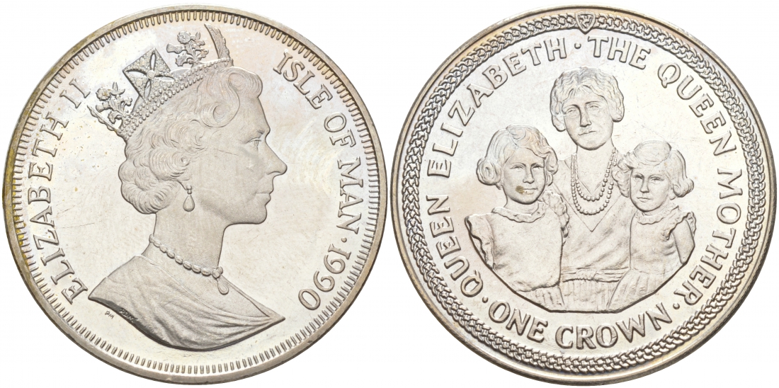 Остров Мэн 1 крона 1990 королева Елизавета (королева-мать), с детьми КМ 220 медно-никель UNC 73-812