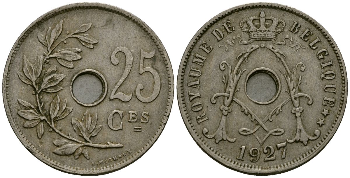 Бельгия 25 сантимов 1927 Belgique KM 68 медно-никель 4165-526