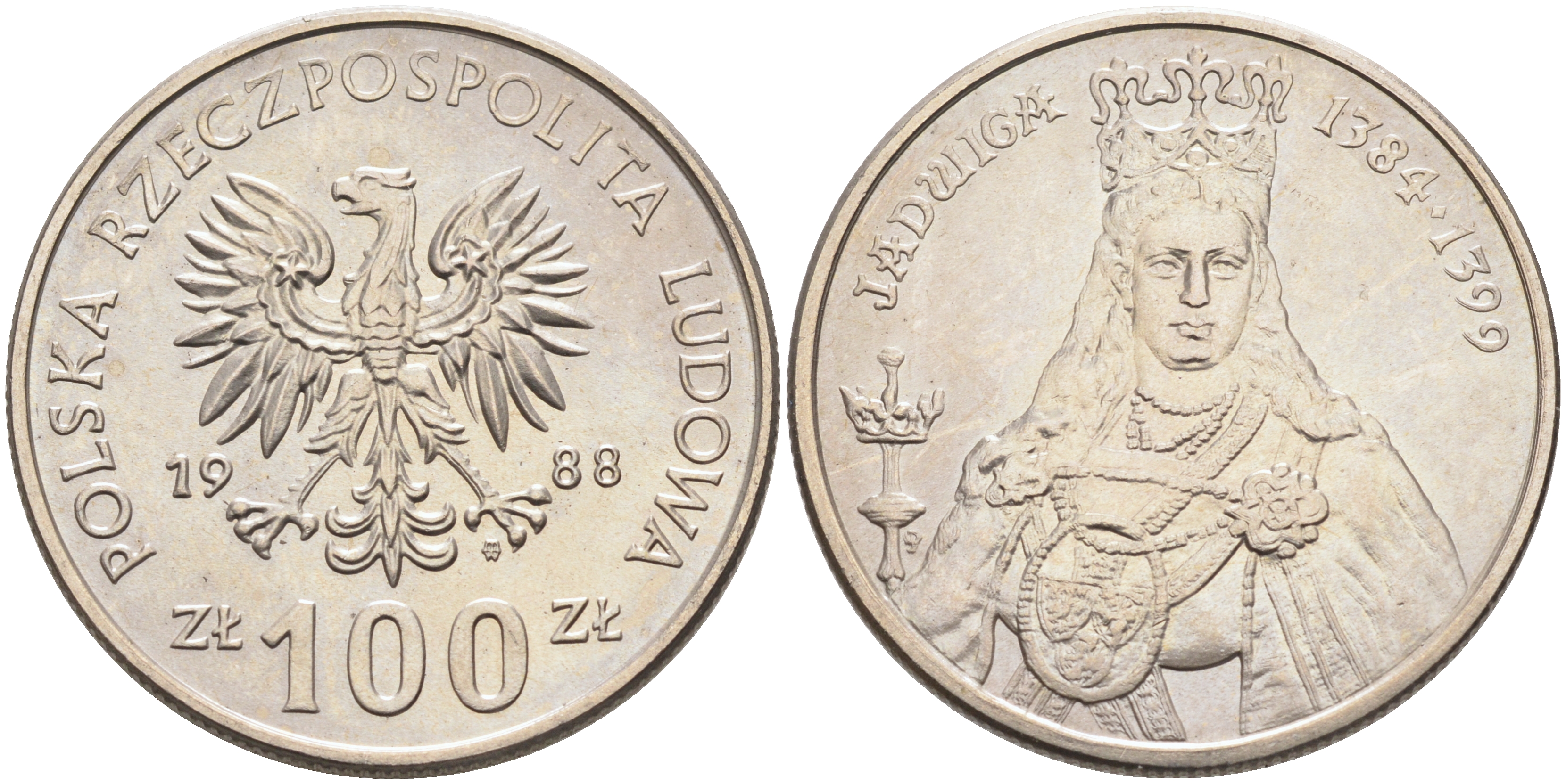 Польша 100 злотых 1988 MW, серия Польские правители, королева Ядвига (1384-1399) KM 183 медно-никель 4590-515