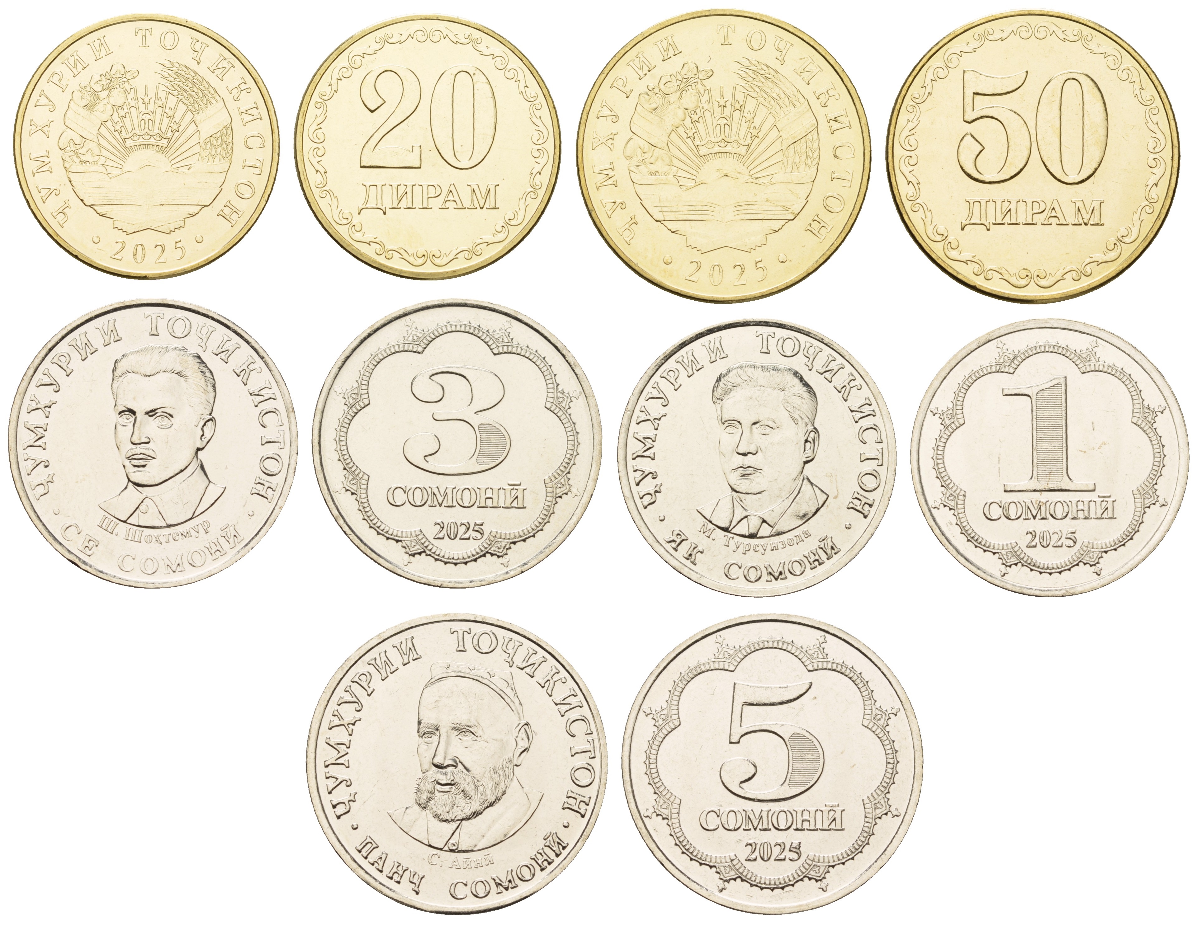 Таджикистан лот из 5 монет 2025 (20, 50 дирам, 1, 3 и 5 сомони) UNC M76-16