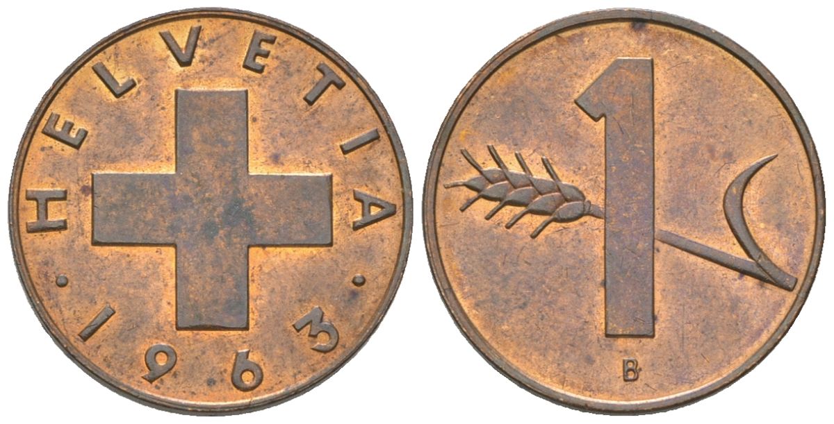Швейцария 1 раппен 1963 B KM 46 бронза aUNC 4115-1122