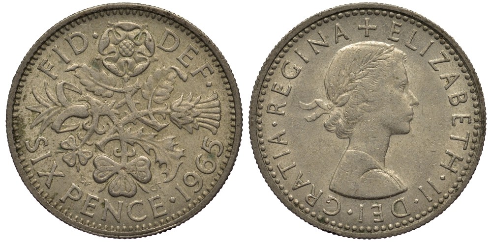 Великобритания 6 пенсов 1965 Елизавета II (1952-2022) KM 903, Spink 4149 медно-никель 4538-646