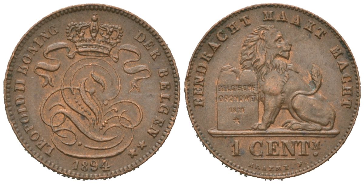 Бельгия 1 сантим 1894 Belgen, Леопольд II (1865-1909) KM 34.1 медь aUNC 4621-638