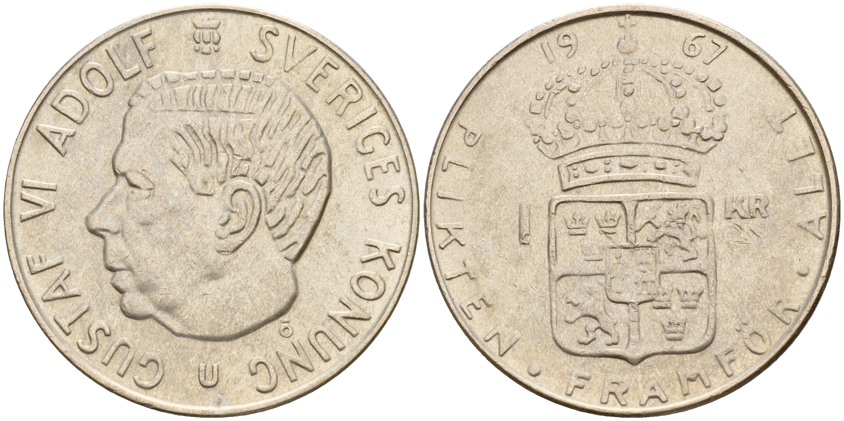 Швеция 1 крона 1967 U, Густав VI Адольф (1950-1973) KM 826 серебро 4597-225