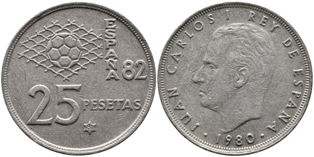 Испания 25 песет 1981 (80), Хуан Карлос, чемпионат мира по футболу Испания 82 KM 818 медно-никель 4379-1214