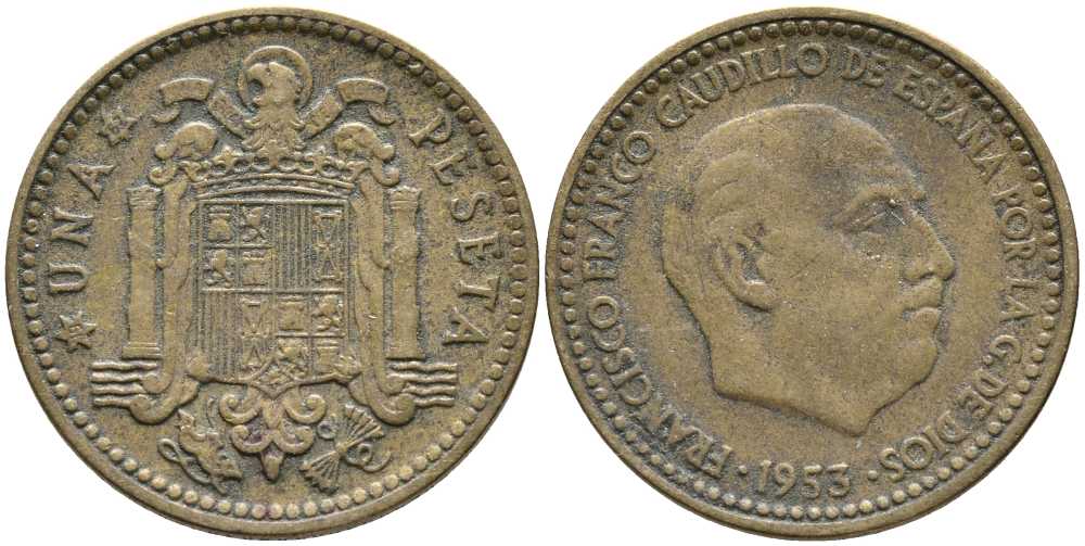 ИСПАНИЯ 1 ПЕСЕТА 1953 (62) ФРАНСИСКО ФРАНКО ДИКТАТОР ИСПАНИИ (1939-1975) KM 775 алюминиевая бронза 110-1124