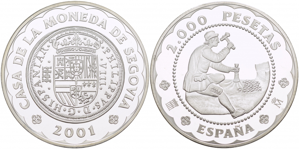 Испания 2000 песет 2001 500 лет монетному двору Сеговии, 8 реалов 1588 года, история монетной чеканки KM 1038 серебро  PROOF  11-255-43