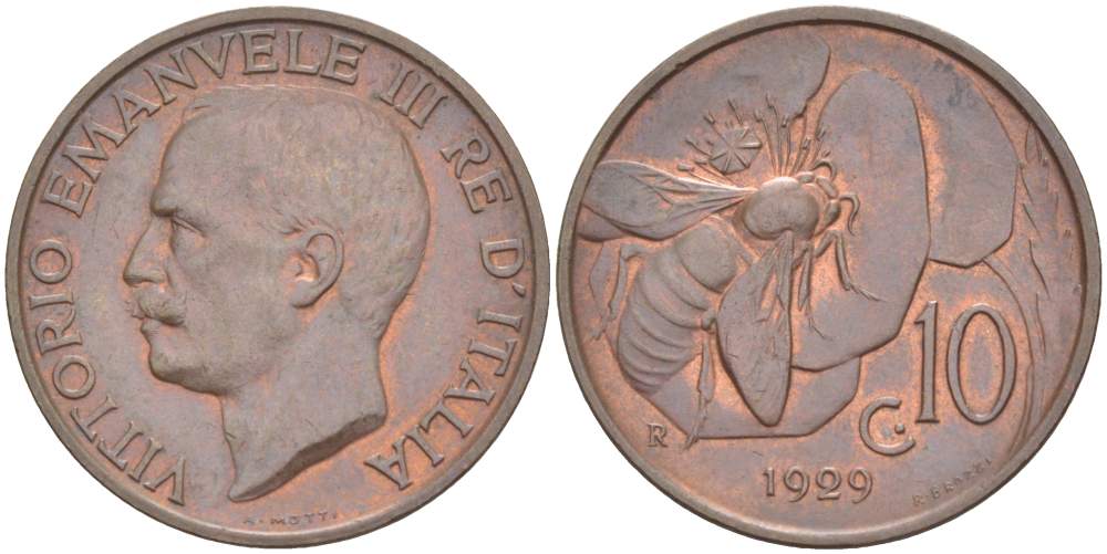 ИТАЛИЯ 10 ЧЕНТЕЗИМО 1929 R, МОНДВОР РИМ, ВИКТОР ЭММАНУИЛ III (1900-1946) KM 60 медь 4525-314
