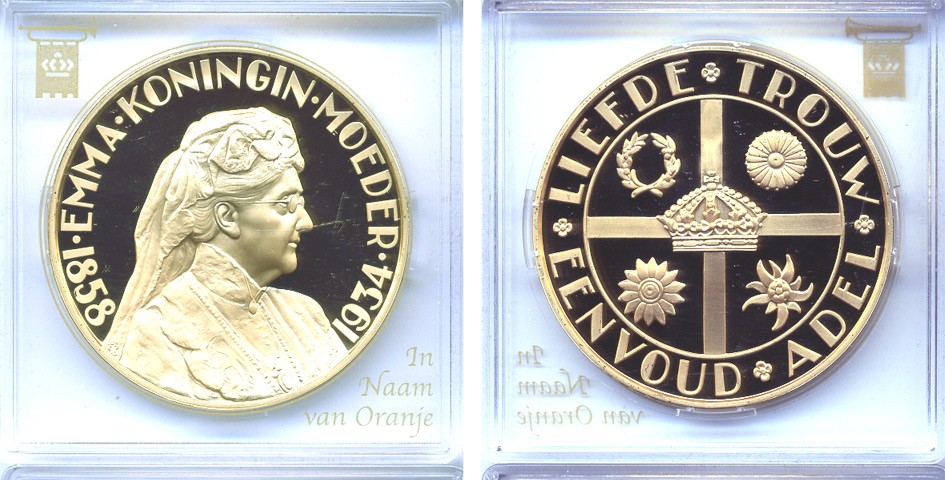 НИДЕРЛАНДЫ МЕДАЛЬ ND КОРОЛЕВА НИДЕРЛАНДОВ ЭММА (1858-1934) бронза, позолота PROOF 5-3-1-66