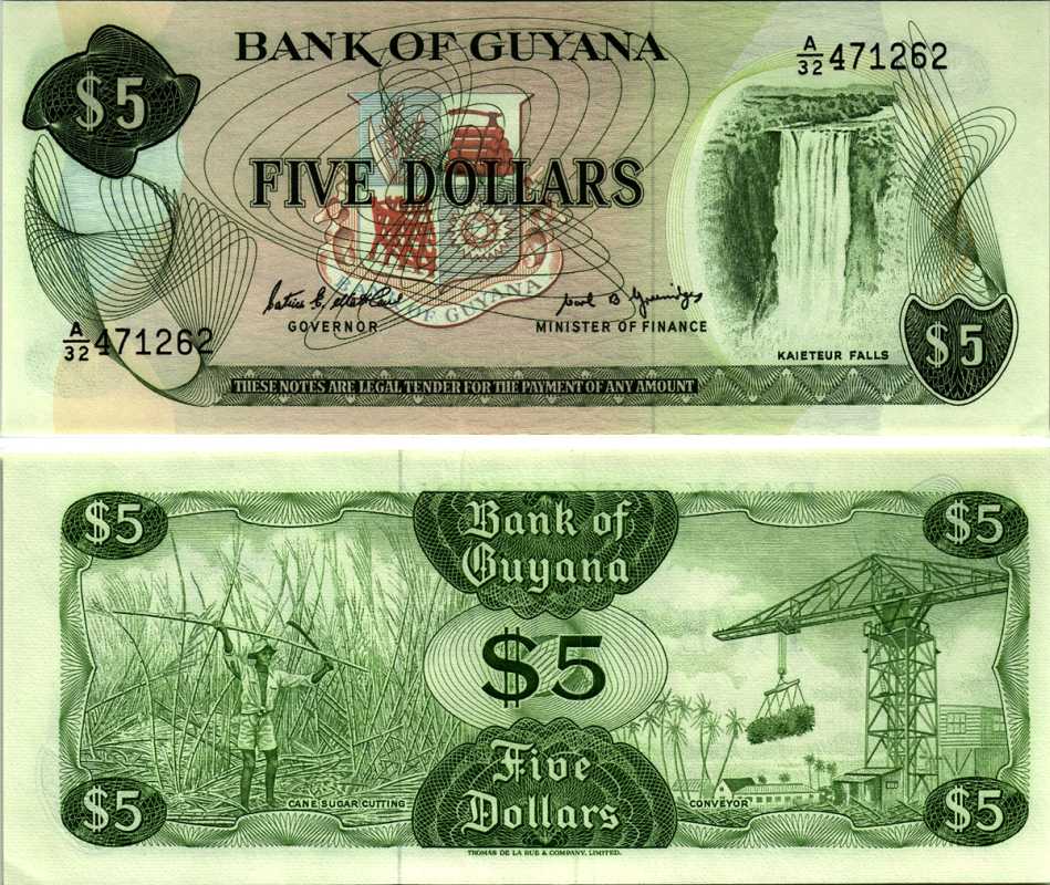 ГАЙАНА 5 ДОЛЛАРОВ 1989 ПОДПИСЬ 7, ВОДОПАД КАЙЕТУР Pick 22е бумага UNC (ПРЕСС) 8606-49-2-2