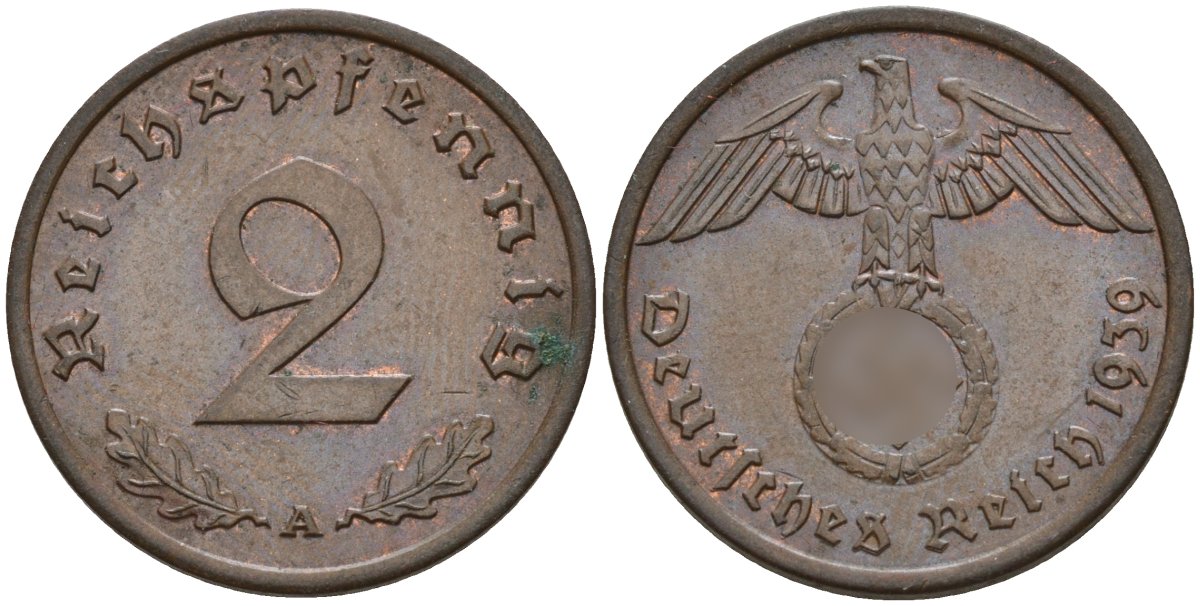 Германия 2 рейхспфеннига 1939 A KM 90, J. 362 бронза 4151-132