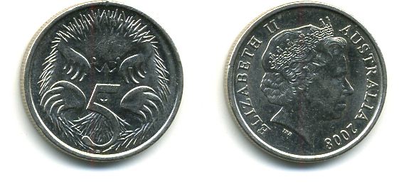 АВСТРАЛИЯ 5 ЦЕНТОВ 2007 ЕЛИЗАВЕТА II, ТРЕТИЙ ПОРТРЕТ, ЕХИДНА KM 401 медно-никель 46-2317