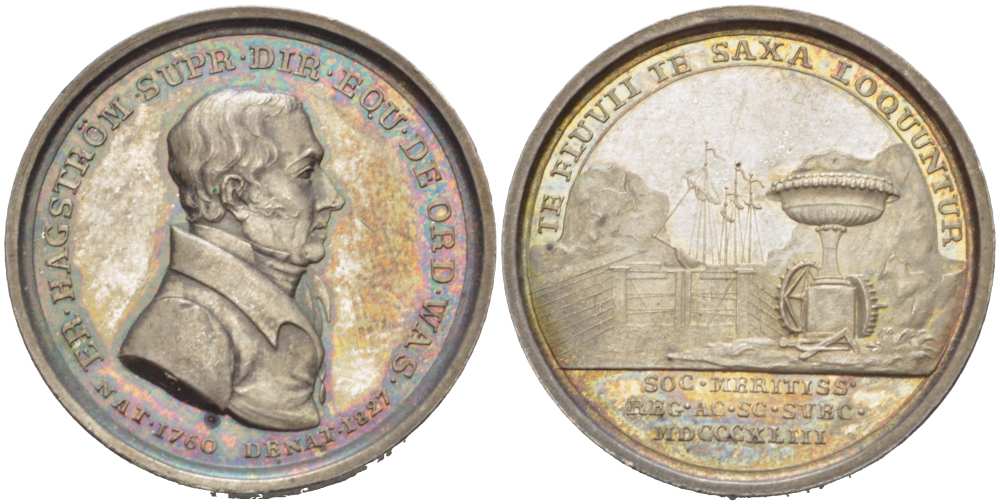 Швеция медаль 1843 в память об E. Hagstrom (1760-1827), директоре шведской порфировой фабрики с 1788 года, диаметр 31 мм., вес 12,72 гр. серебро UNC 1517-1415
