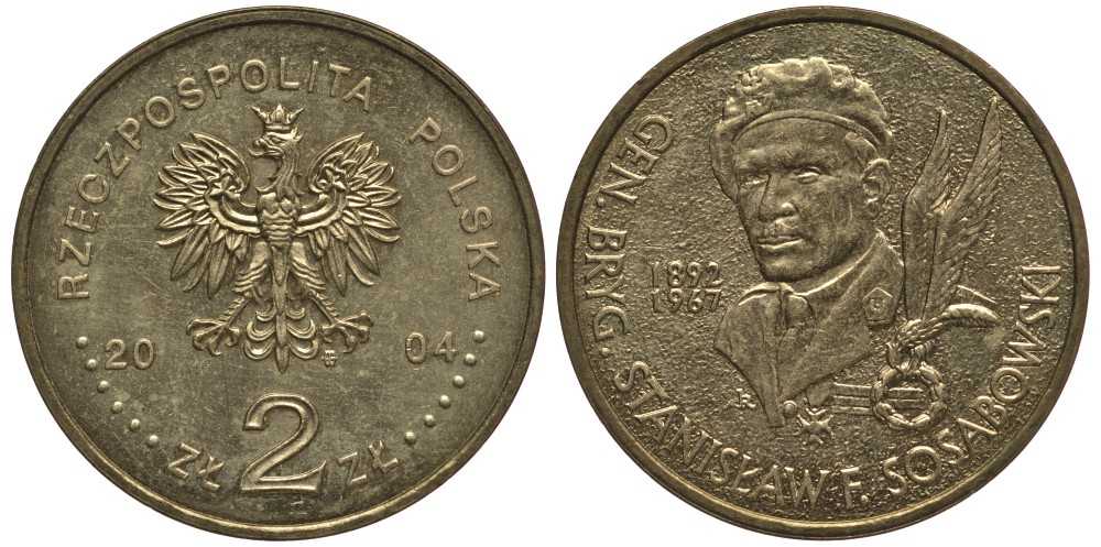 Польша 2 злотых 2004 MW, бригадный генерал Станислав Сосабовский (1892-1967) KM 499 нордик 114-115