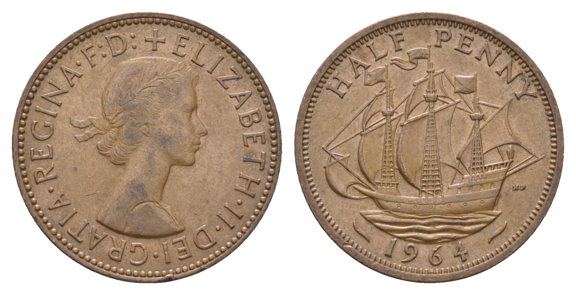 Великобритания 1/2 пенни 1964 Елизавета II (1952-2022) KM 896, Spink 4158 бронза 4662-1223