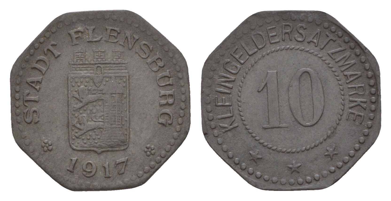 Фленсбург 10 пфеннигов 1917 Funck 131.3, Men05 7331.6, Men18 9227.6 цинк 4532-1039