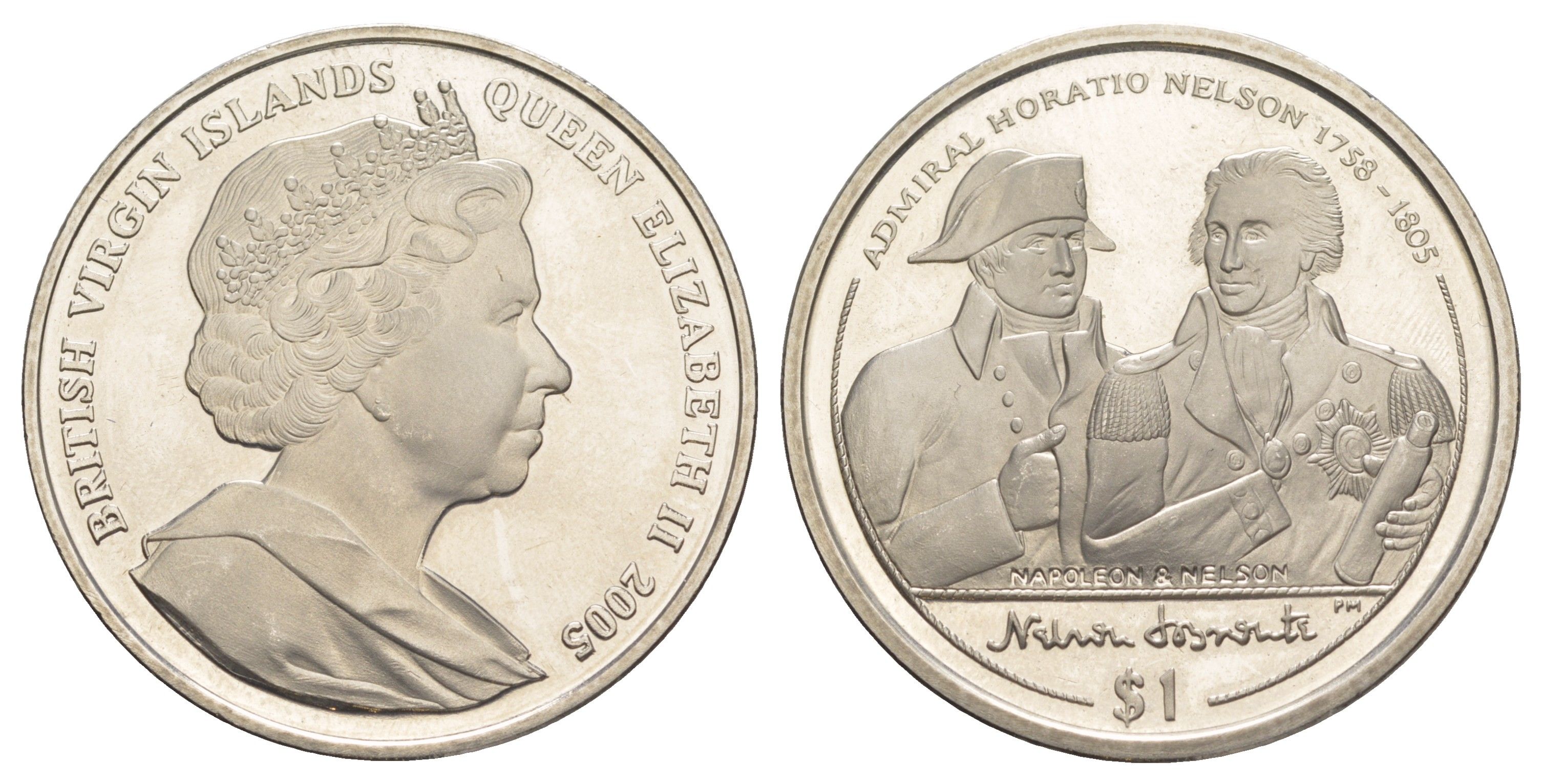 Британские Виргинские острова 1 доллар 2005 Горацио Нельсон - Наполеон и Нельсон KM 326 медно-никель BU 01-233-25